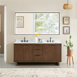 Mowry 72&quot Wood Vanity in Brown Brushed Oak Engineered Stone Top with Mirror