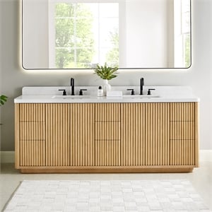 Clayton 84&quot Wood Vanity in Washed Light Brown Engineered Stone Top no Mirror