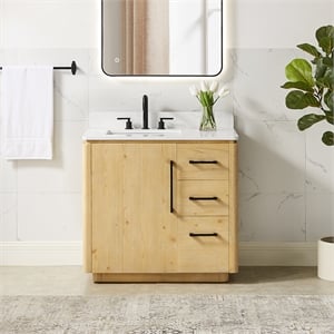 Serene 36&quot Wood Vanity in Nature Brown Engineered Stone Top no Mirror