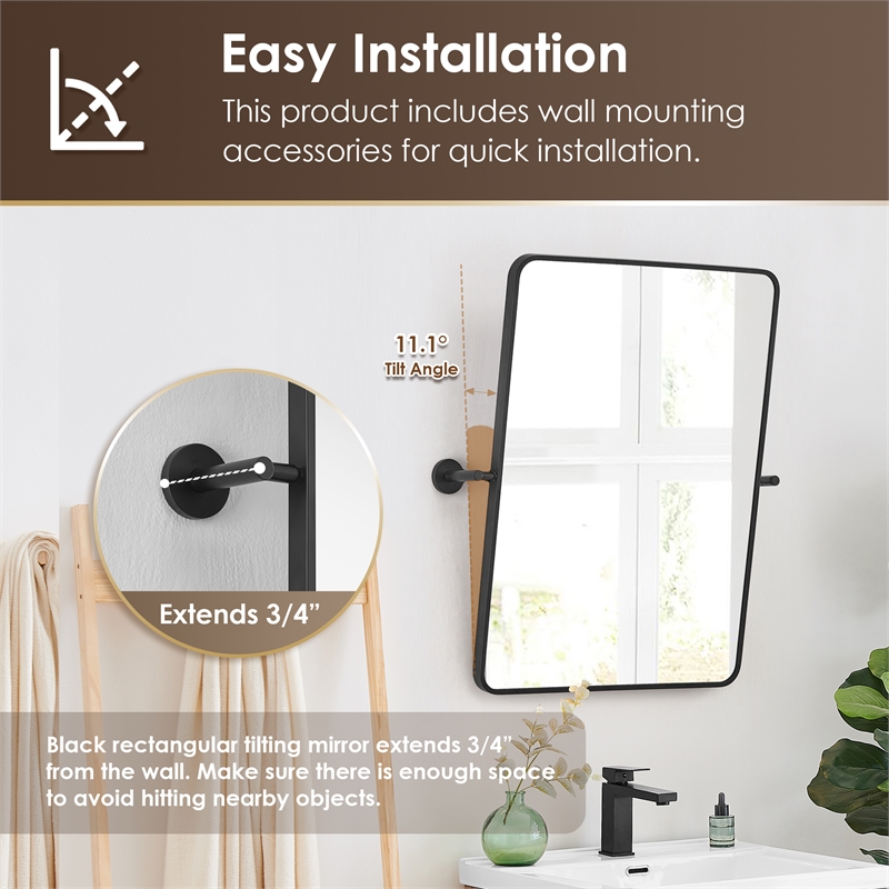 Dieux 24'' Rectangular Aluminum Framed in Matte Black Bathroom Pivot Wall Mirror
