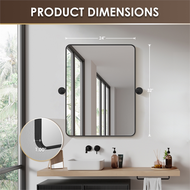Dieux 24'' Rectangular Aluminum Framed in Matte Black Bathroom Pivot Wall Mirror