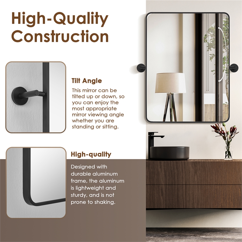 Dieux 24'' Rectangular Aluminum Framed in Matte Black Bathroom Pivot Wall Mirror