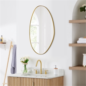 Aura 28&quot Irregular Aluminum Framed in Brushed Gold Bathroom Wall Mirror