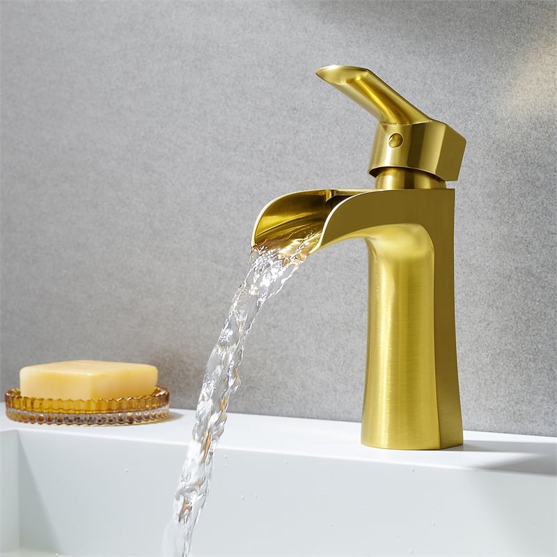 Single Hole Single-Handle Brass Waterfall Bathroom Faucet in Brushed Gold