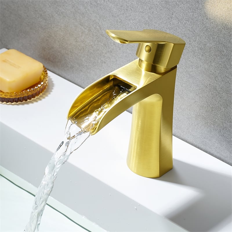 Single Hole Single-Handle Brass Waterfall Bathroom Faucet in Brushed Gold
