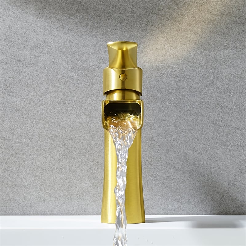 Single Hole Single-Handle Brass Waterfall Bathroom Faucet in Brushed Gold