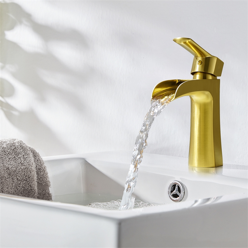 Single Hole Single-Handle Brass Waterfall Bathroom Faucet in Brushed Gold