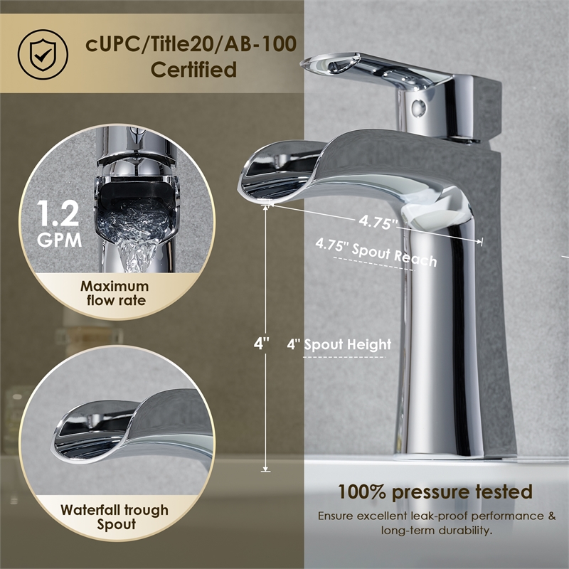 Tatcha Polished Chrome Single Hole Single-Handle Brass Waterfall Bathroom Faucet