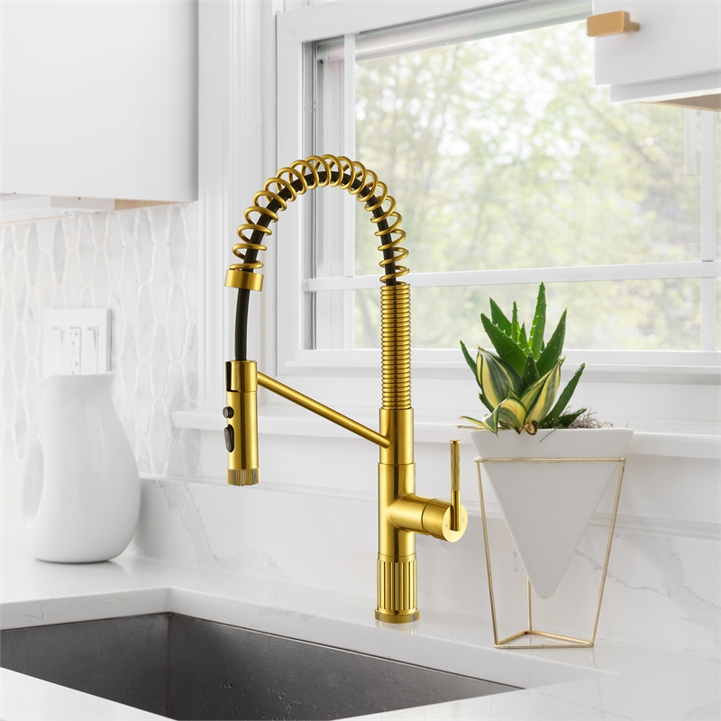 Nette Single-Handle Brass Kitchen Faucet with Pull Down Sprayer in Brushed Gold