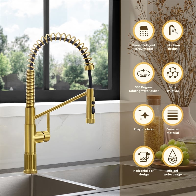 Nette Single-Handle Brass Kitchen Faucet with Pull Down Sprayer in Brushed Gold