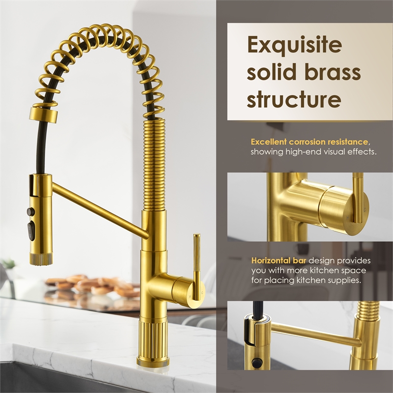 Nette Single-Handle Brass Kitchen Faucet with Pull Down Sprayer in Brushed Gold