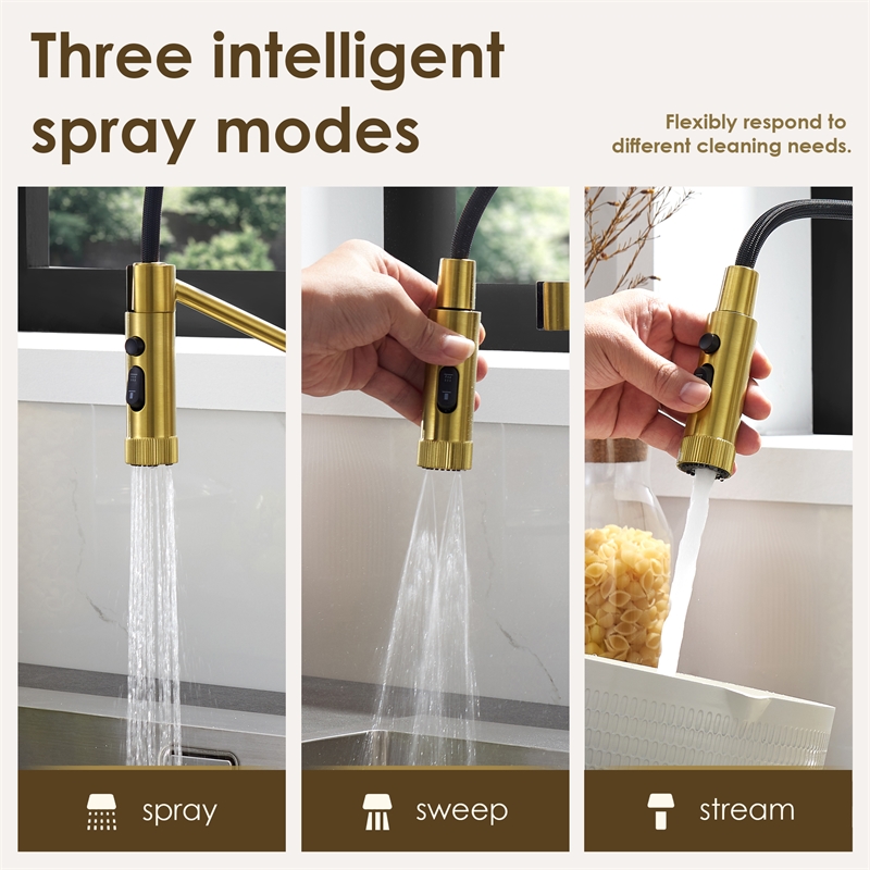 Nette Single-Handle Brass Kitchen Faucet with Pull Down Sprayer in Brushed Gold