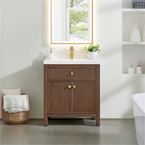 Cerrito 30&quot Wood Vanity in Brown Oak Engineered Stone Integrated Sink no Mirror