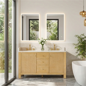 Cedar 60&quot Wood Vanity in Natural Wood Grain Engineered Stone Top no Mirror
