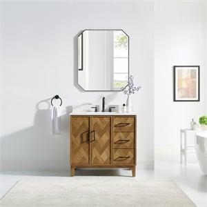 Clara 36&quot  Wood Vanity in Weathered Brown with Calacatta Quartz Top No Mirror