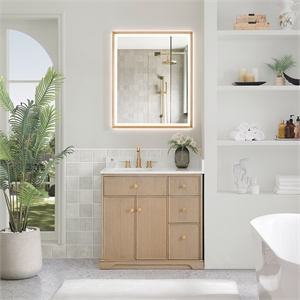 Barnett 36&quot Wood Vanity in Natural Oak with White Engineered Stone Top No Mirror