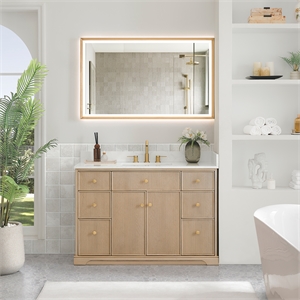 Barnett 48&quot Wood Vanity in Natural Oak with White Engineered Stone Top No Mirror