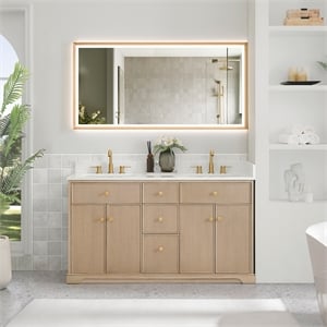 Barnett 60&quot Wood Vanity in Natural Oak with White Engineered Stone Top No Mirror