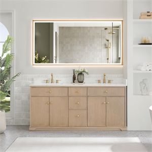 Barnett 72&quot Wood Vanity in Natural Oak with White Engineered Stone Top No Mirror