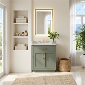 Ivy 30&quot Wood Vanity Set in Vintage Green and Carrara White Marble Top No Mirror