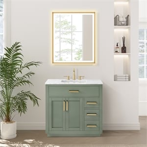 Ivy 36&quot Wood Vanity Set in Vintage Green and Carrara White Marble Top No Mirror