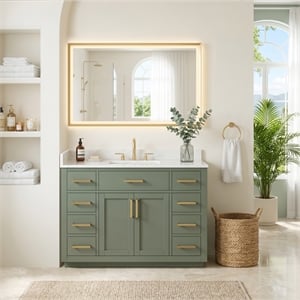 Ivy 48&quot Wood Vanity Set in Vintage Green and Grain White Engineered Stone Top No Mirror