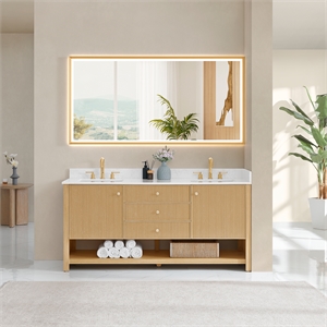 Cecil 72&quot Wood Vanity in White Oak with White Engineered Stone Top No Mirror