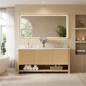 Cecil 72&quot Wood Vanity in White Oak with White Engineered Stone Top No Mirror