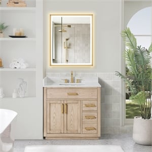 Gavino 36&quot Wood Vanity in Natural Ash with White Engineered Stone Top no Mirror