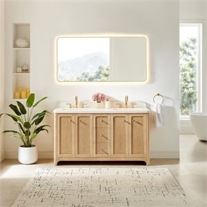 Milner 60&quot Wood Vanity in Brushed Oak with White Engineered Stone Top no Mirror
