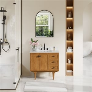 Orasia 36&quot Wood Vanity Mango Brown Calacatta Mist White Quartz Top no Mirror