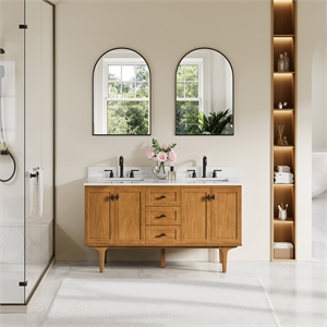 Orasia 60&quot Wood Vanity Mango Brown Calacatta Mist White Quartz Top no Mirror