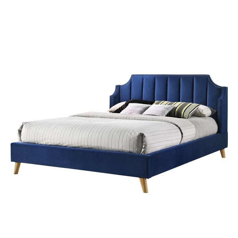 Windsor KingSize Upholstered Platform Bed in Navy fabric with Oak