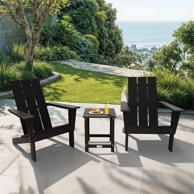 Arcadia Black HDPE Outdoor Adirondack Chair and Table Set (3-Piece)