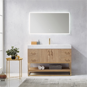 Vinnova Alistair 48&quot White Grain Stone Top Single Vanity with Mirror in Oak