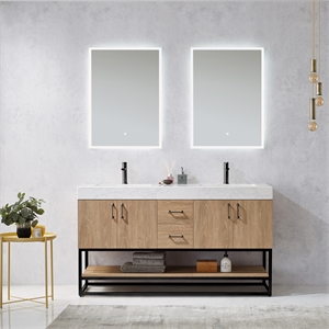 Vinnova Alistair 60&quot White Stone Top Oak Double Vanity Black Frame w/o Mirror