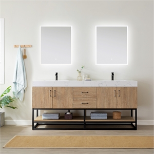 Vinnova Alistair 72&quot White Stone Top Oak Double Vanity Black Frame w/o Mirror