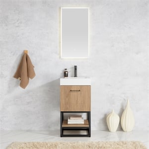 Vinnova Alistair 18&quot White Stone Top Oak Single Vanity Black Frame w/o Mirror