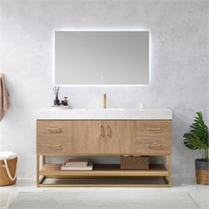 Vinnova Alistair 60&quot White Stone Top Oak Single Vanity Gold Frame w/o Mirror