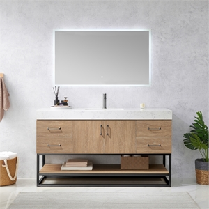 Vinnova Alistair 60&quot White Stone Top Oak Single Vanity Black Frame with Mirror