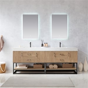 Vinnova Alistair 84&quot White Stone Top Oak Double Vanity Black Frame w/o Mirror