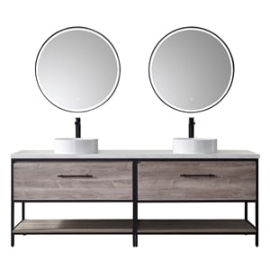 Vinnova Murica 84&quot White Top and Vessel Sink Double Vanity Mexican Oak w/ Mirror