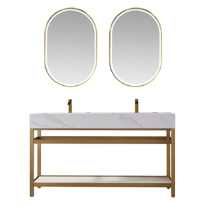 Vinnova Bilbao 60&quot White Stone Top Double Vanity Brushed Gold Frame w/ Mirror