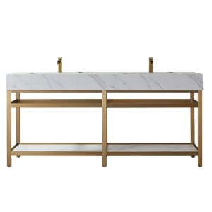 Vinnova Bilbao 72&quot White Stone Top Double Vanity Brushed Gold Frame w/o Mirror