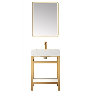 Funes 24&quot Single Sink Bathroom Vanity in Brushed Gold Frame White Top w/ Mirror