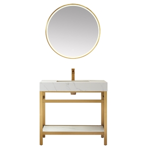 Funes 36&quot Single Sink Bathroom Vanity in Brushed Gold Frame White Top w/ Mirror