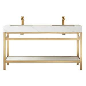 Funes 60&quot Double Sink Bathroom Vanity in Brushed Gold Frame White Top No Mirror