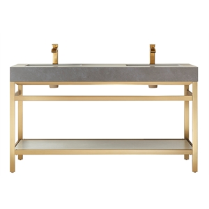 Funes 60&quot Double Sink Bathroom Vanity in Brushed Gold Frame Gray Top No Mirror