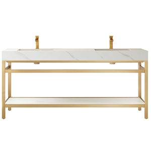 Funes 72&quot Double Sink Bathroom Vanity in Brushed Gold Frame White Top No Mirror