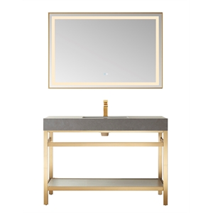 Funes 48&quot Single Sink Bathroom Vanity in Brushed Gold Frame Gray Top w/ Mirror